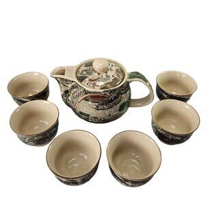 Japanese Sake Set Teapot 6 Cups Tea Pot Infuser‎ Xinag Long Art Ceramic Vtg READ